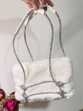 White Faux Fur Mini Shoulder Bag with Rhinestone Straps